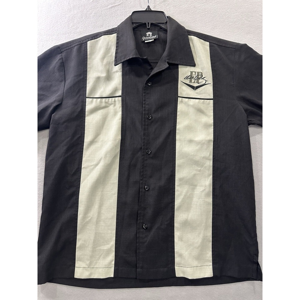 Elvis Presley Graceland Mens Black Beige Graphic Shirt Small Bowling Casual
